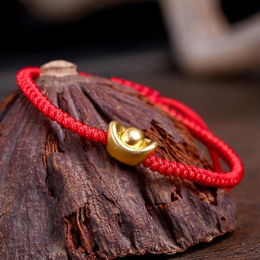 Pure Silver +24k FENG SHUI LUCKY GOLD INGOT & Red Rope Bracelet